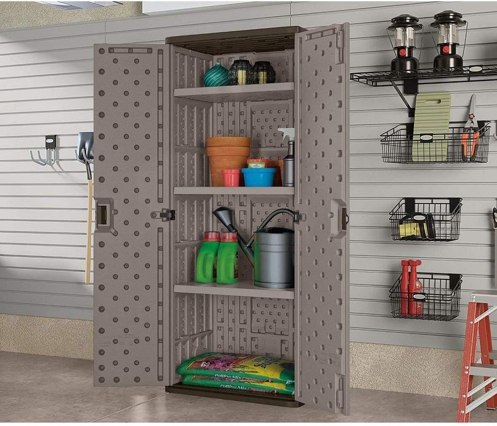 Suncast Tall Storage Cabinet for Garage Organization - 72" Freestanding Utility Closet with Shelving for Garden Supplies, Paint Cans & Outdoor Tools, Multi-Wall Resin Construction, Platinum