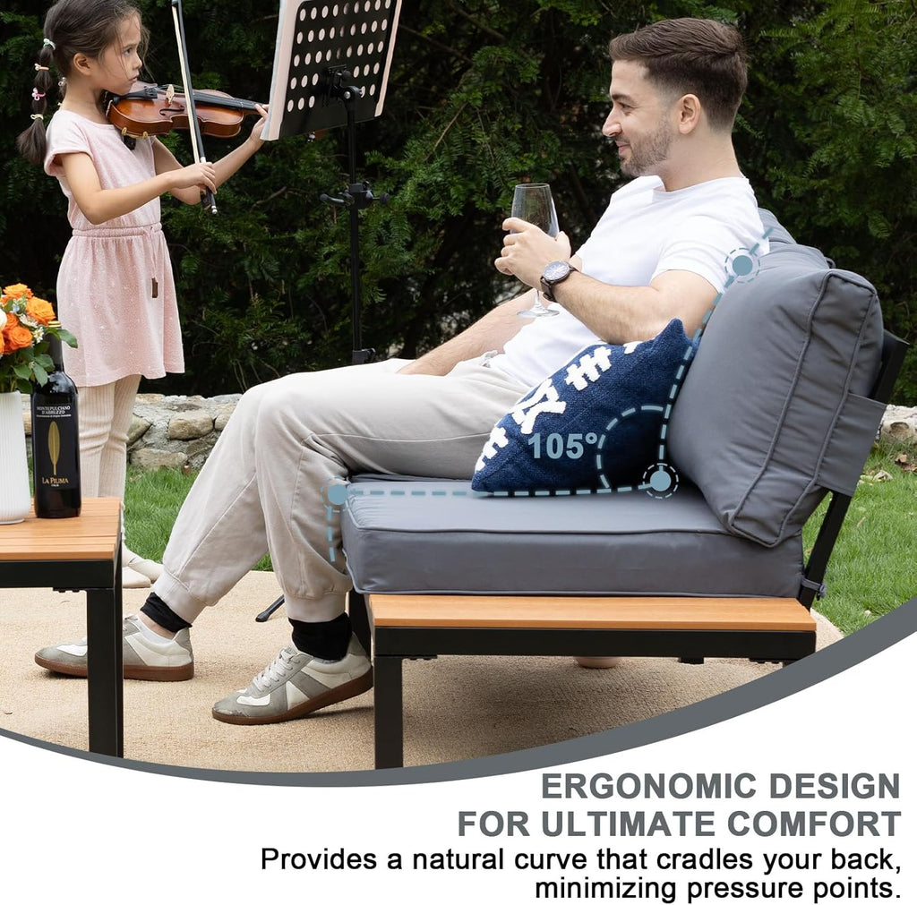 5-Person Outdoor Patio Furniture Set, Durable Metal Frame Outdoor Sectional with Wood-Look Table & Waterproof Cushions, All-Weather Conversation Set for Garden, Balcony, Poolside-Grey