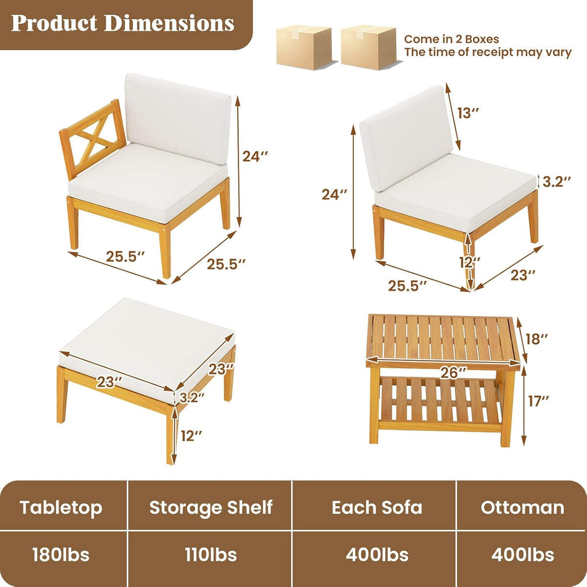 HAPPYGRILL 5 Pieces Acacia Wood Patio Chaise Lounge Chair Set with Ottoman, Outdoor Patio Furniture Set with Cushions and 2-Tier Coffee Table, Outdoor Sectional Conversation Sofa Set for Garden