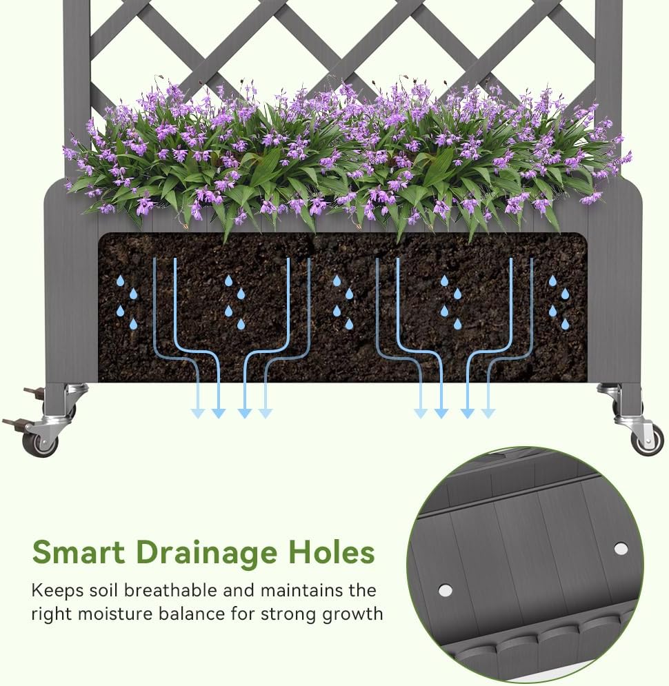COMHOMA 2 Pack Planter Box with Trellis and Wheels, 48In Elevated Raised Garden Bed, Drainage Holes, Outdoor Lattice for Climbing Flowers, Vegetables, Patio Balcony, Gray