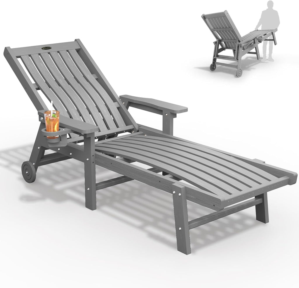 THOEOE Patio Chaise Lounge Chair, Lounge Chair Outdoor with 5 Positions, HDPE, Patio Lounge Chair with Wheels & Cup Holder for Pool, Deck, Poolside,Grey