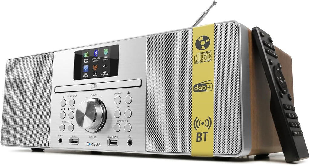 LEMEGA MSY1+ CD Player with FM Radio, Bluetooth Streaming, 80W Stereo HiFi System, Full Colour Display, 30 Presets, Remote Control, Acoustic Wooden Cabinet - Dark Walnut