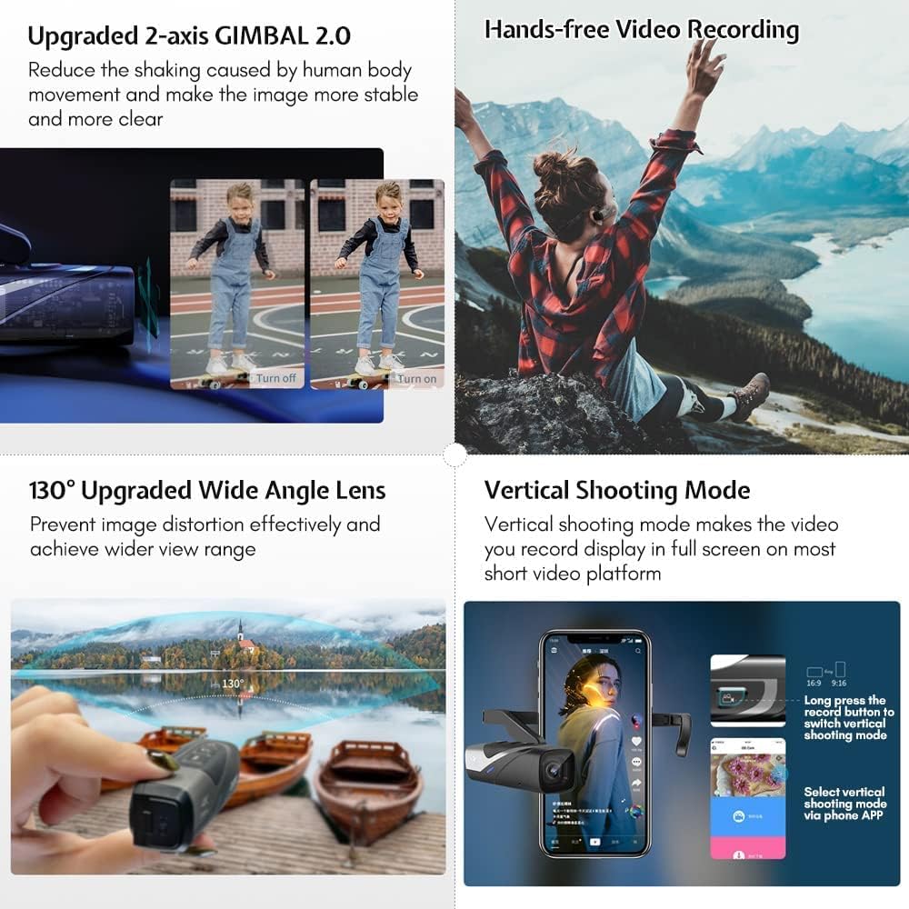 ORDRO EP8 4K 60FPS Head-Mounted Camera with 2-Axis Gimbal Stabilizer | Wearable Vlog Cam | Auto Focus, WiFi App & Remote Control | Includes 64GB Card
