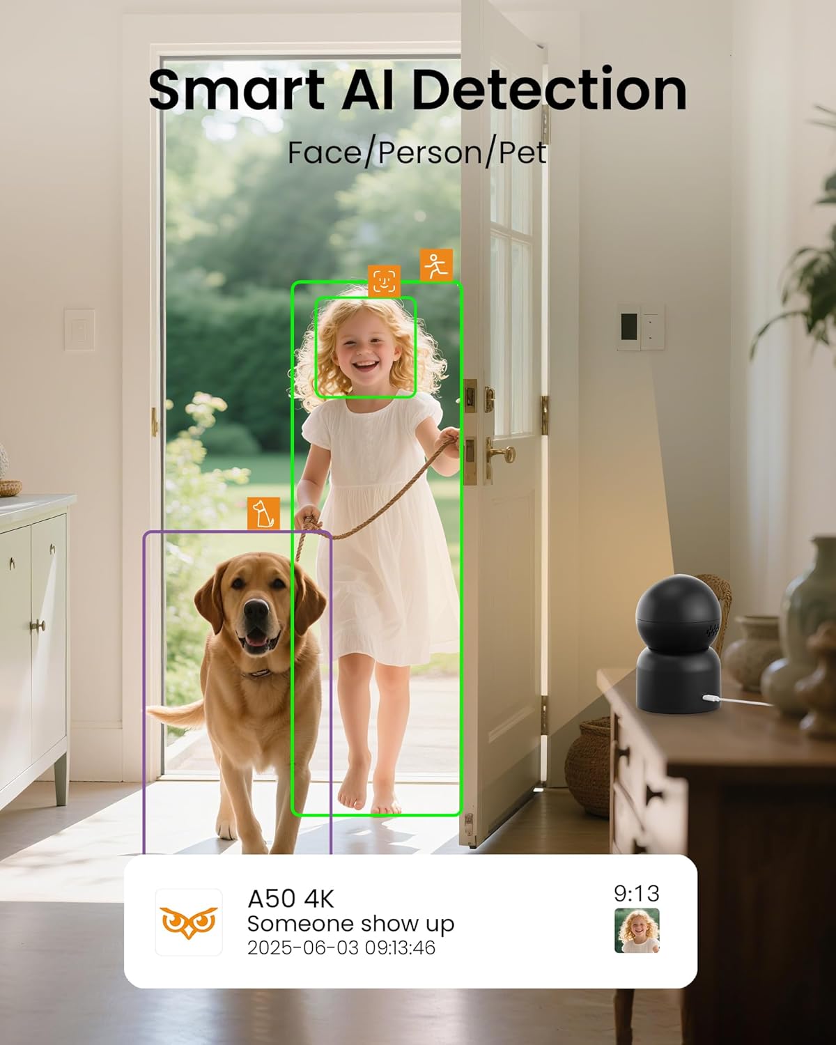Anlapus A50 4K Pan/Tilt Home Indoor Security Camera, Plug-in WiFi Pet/Baby Monitor with One-Touch Call, AI Human/Pet/Face Tracking, 2.4/5 GHz, Two-Way Talk, Night Vision, 64G Memory Card Storage