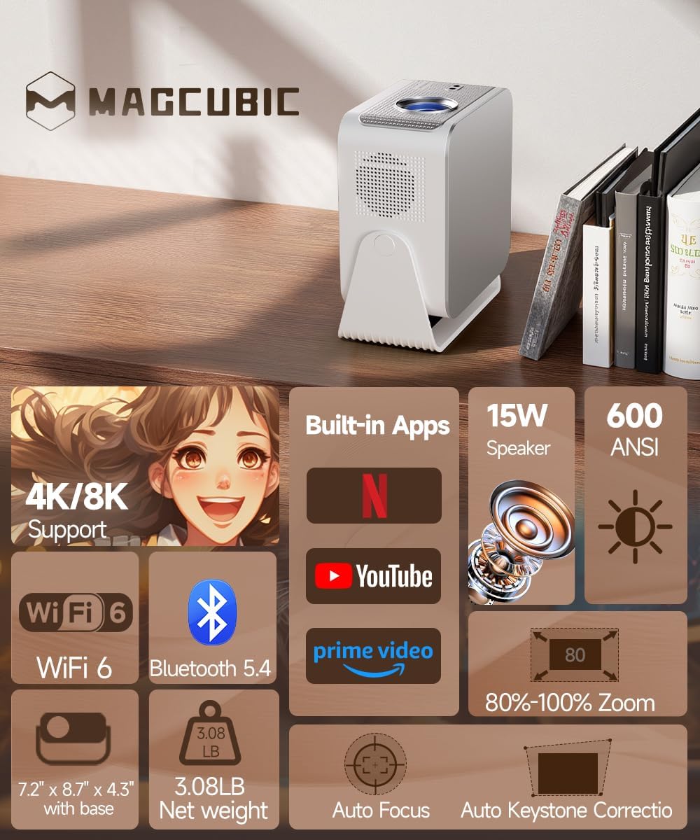 Smart Projector with 4K 8K Support, Mini Projector with Wifi6 and Bluetooth5.4, 600 ANSI, Auto Focus & Obstacle Avoidance 1080P Portable Movie Proyector for Home Outdoor, Magcubic HY350Max