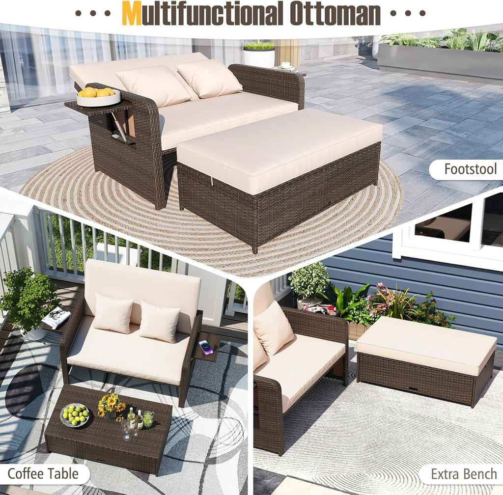 S AFSTAR Outdoor Daybed with Storage Ottoman, Wicker Chaise Lounge Chair with Cushions, Adjustable Backrest & 2 Retractable Trays, Patio Rattan Daybed Loveseat Sofa for Poolside Backyard