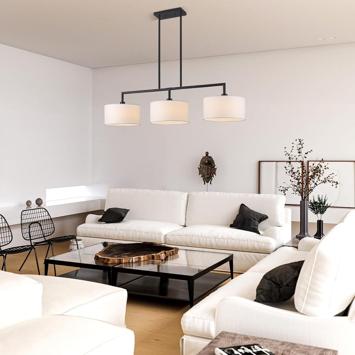 47" W Modern Linear Kitchen Island Pendant Light Fixture 3-Light White Linen Drum Shade Chandelier Black Metal Linear Chandeliers for Dining Room Farmhouse Hanging Light for Living Room, Bar, E26