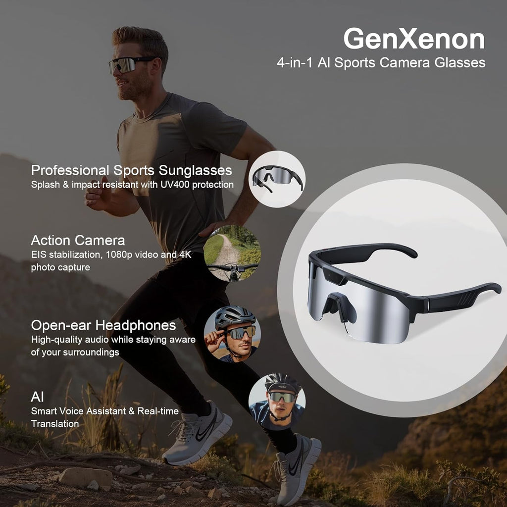 GenXenon AI Smart Glasses with Camera, 4K Video Recording Sunglasses with Camera, UV400 Polarized, Voice Assistant & 6-Axis EIS Stabilization, Unisex Bluetooth Glasses for Cycling/Hiking/Baseball -S