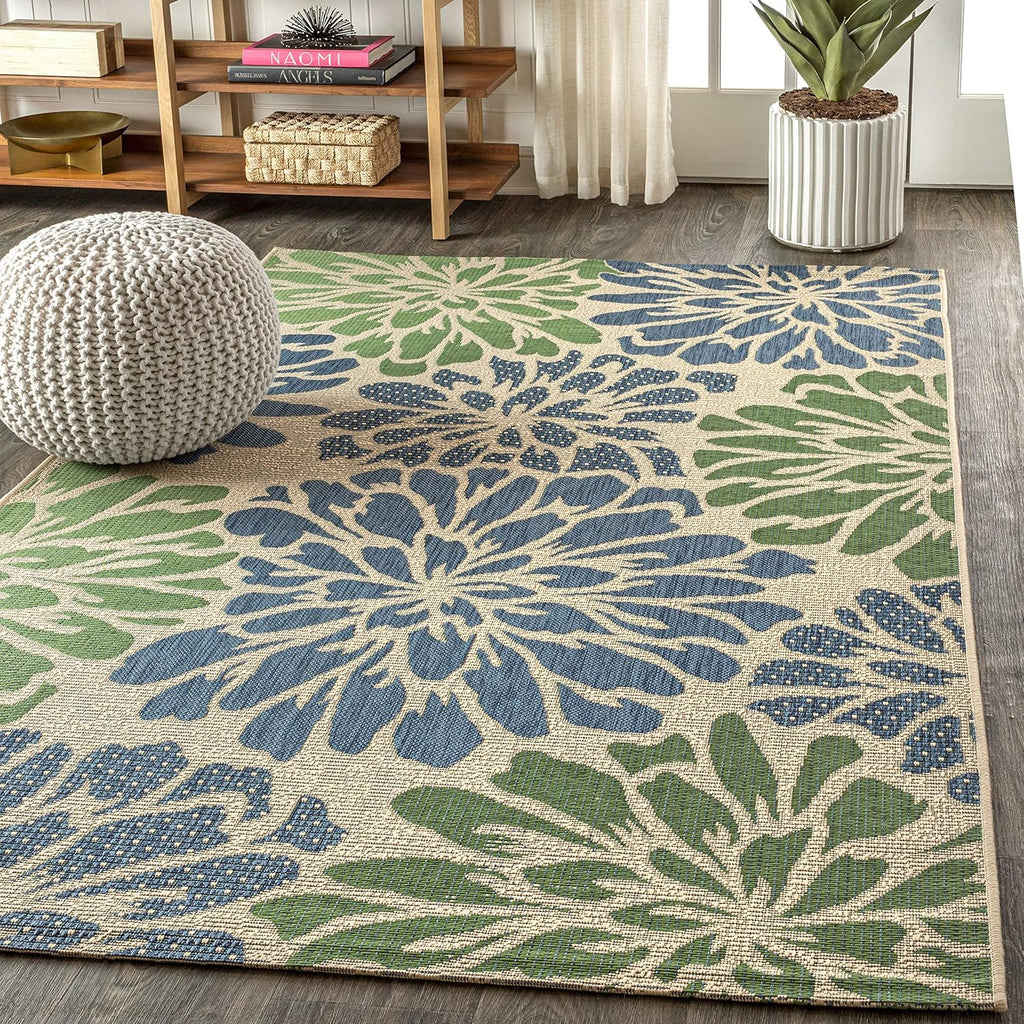 JONATHAN Y Floral Textured Weave Indoor Outdoor Area Rug 8X10 Navy/Green, Zinnia Modern for Backyard, Patio, Porch, Easy-Cleaning, High Traffic, Pet-Friendly, Non-Shedding (SMB110B-8)