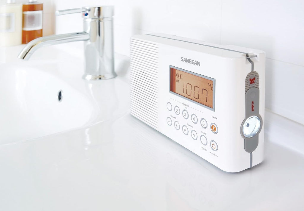 Sangean H201 Shower Radio AM/FM Waterproof, Weather Alert Radio, White