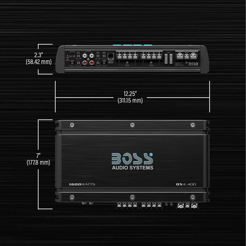 BOSS Audio Systems OX4.400 4 Channel Class A/B Car Amplifier – 1600 High Output, Low/High Level Inputs, Low Pass Crossover, Add Bass to Your Subwoofer
