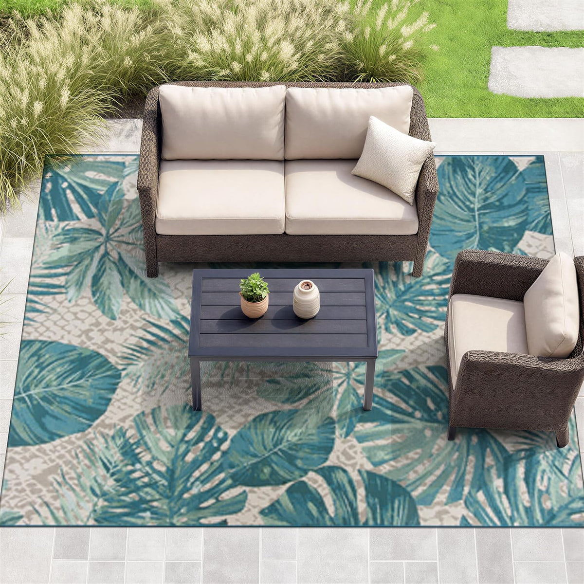 Rugshop Blue Contemporary Tropical Floral Indoor/Outdoor Area Rug — Weather Resistant for Living Room, Dining Room and Office, 6'6" x 9'
