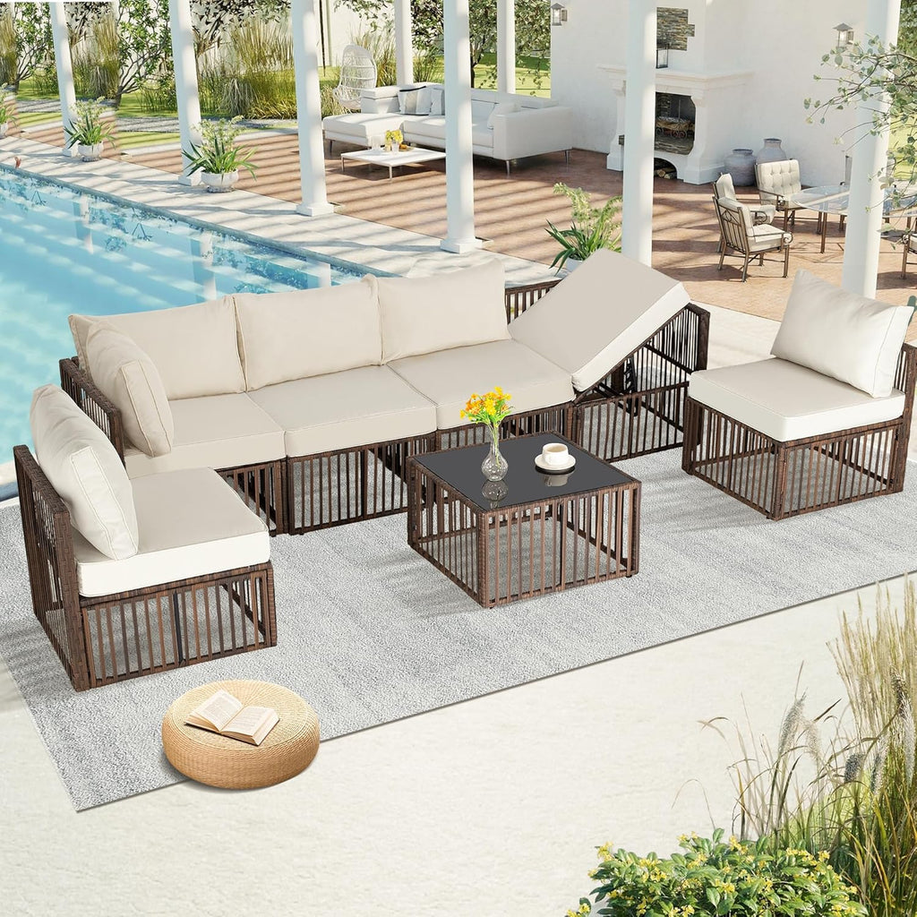 FHFO 7 Pieces Outdoor Patio Furniture Set, Wicker Outdoor Sectional Conversation Couch Set with Adjustable Backrest Sofa, Thick Cushion & Coffee Table for Garden, Porch, Poolside, Brown/Beige