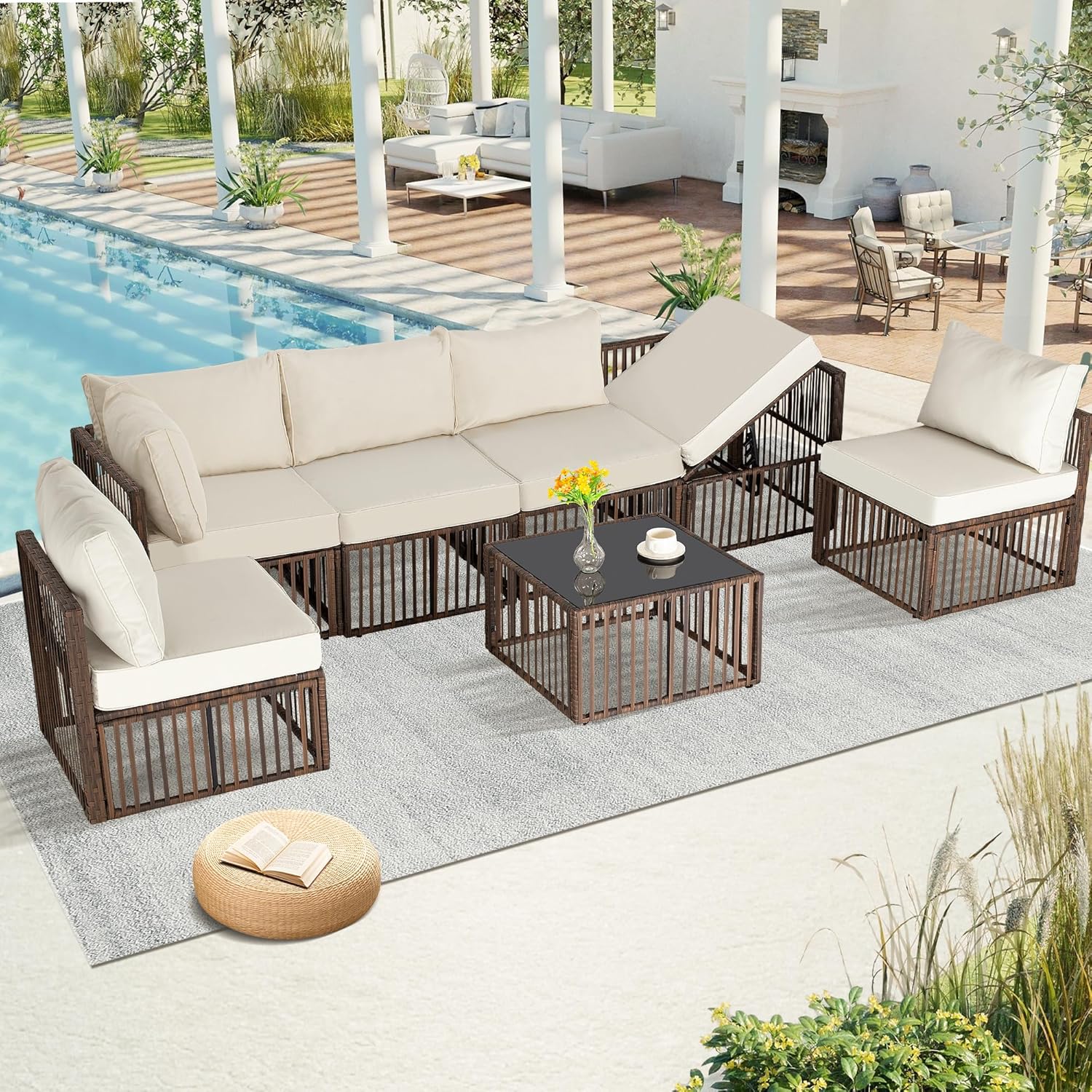 FHFO 7 Pieces Outdoor Patio Furniture Set, Wicker Outdoor Sectional Conversation Couch Set with Adjustable Backrest Sofa, Thick Cushion & Coffee Table for Garden, Porch, Poolside, Brown/Beige