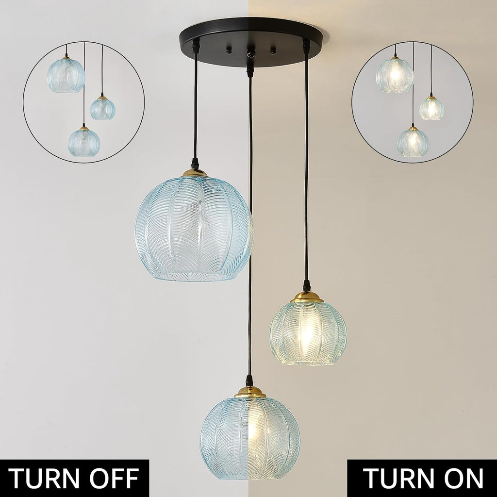 3-Light Blue Cluster Glass Pendant Light, Hanging Chandelier with Globe Shade, Glass Ball Pendant Light Fixtures for Kitchen Island, Dining Room, Living Room, Bedroom