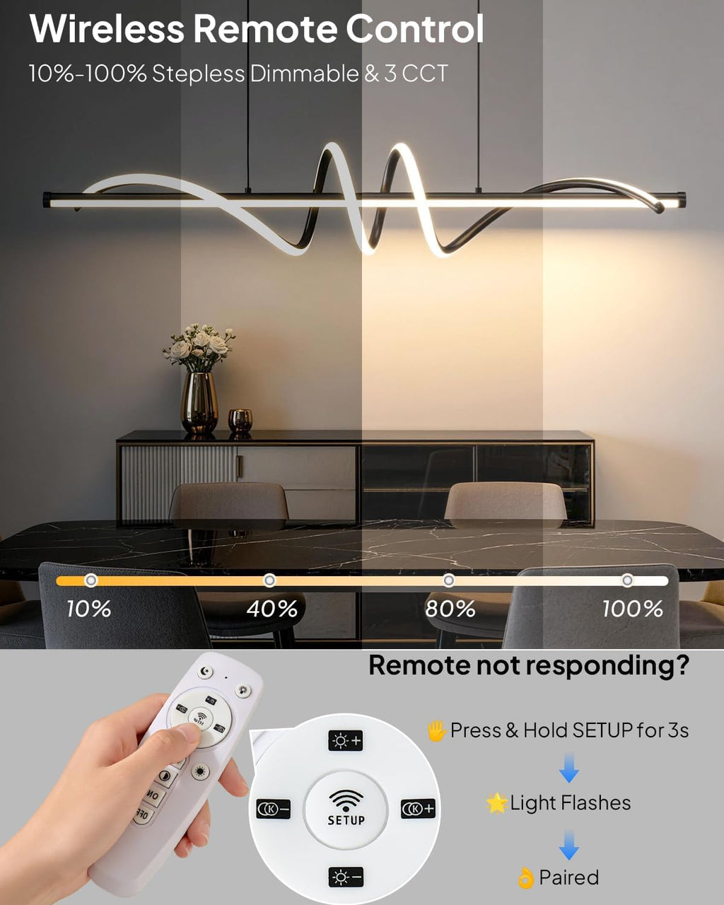 39.4in Linear Pendant Light, Led Chandelier Dimmable with Remote Control, 3000K-6000K Adjustable Color Temperature Island Light, Dining Room Light Fixture for Kitchen, Living Room