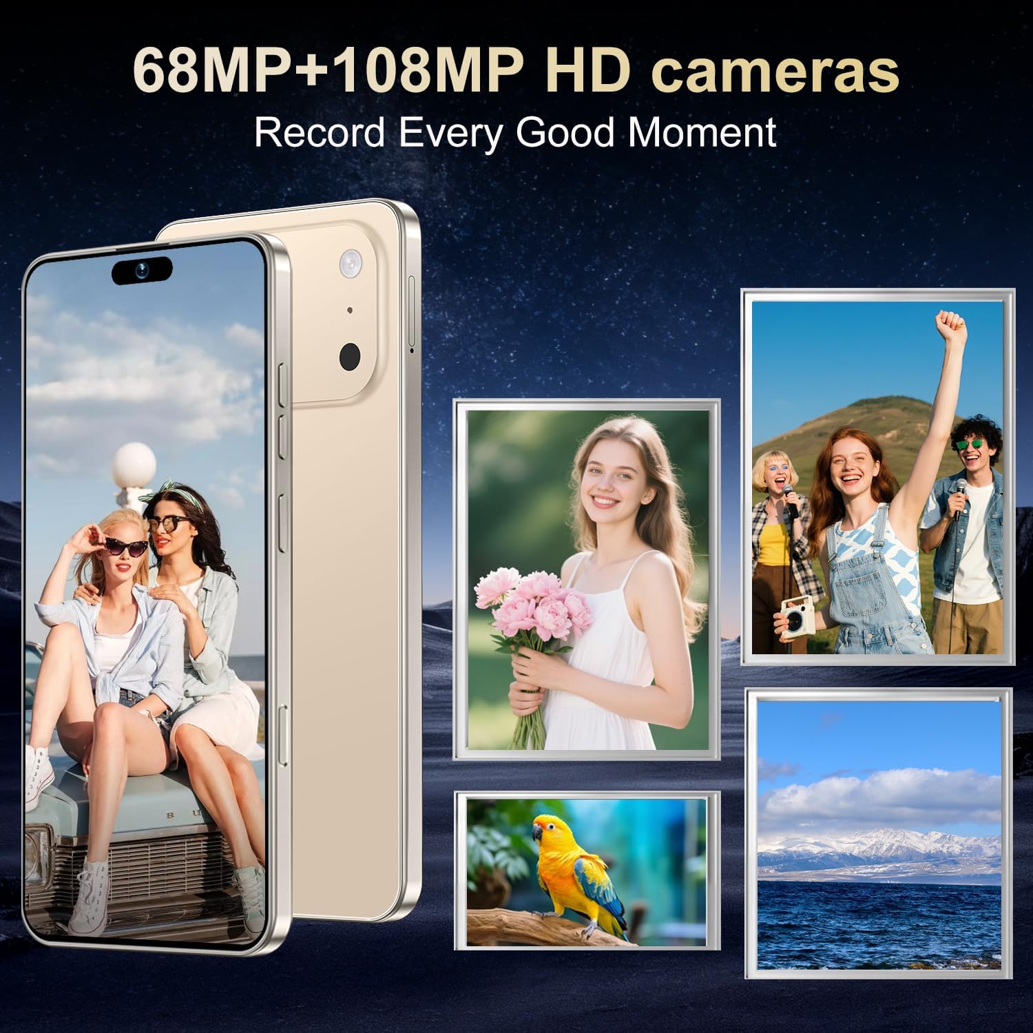 Ecshock 17PM Unlocked Phone | Cell Phone Android 15.0 | 16+512GB Smartphone| 6.99" HD Display | Long Battery Life 7000mAh | 68+108MP Zoom Camera| Fingerprint Lock | with Dual SIM (Gold)