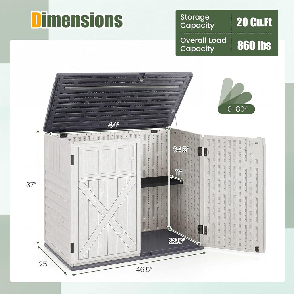 Tangkula Large Outdoor Storage Cabinet, 20 Cu.Ft Horizontal Resin Storage Shed with Adjustable Shelf & Lockable Doors, Weatherproof Patio Storage Box for Gardening Tools Cushions (White)