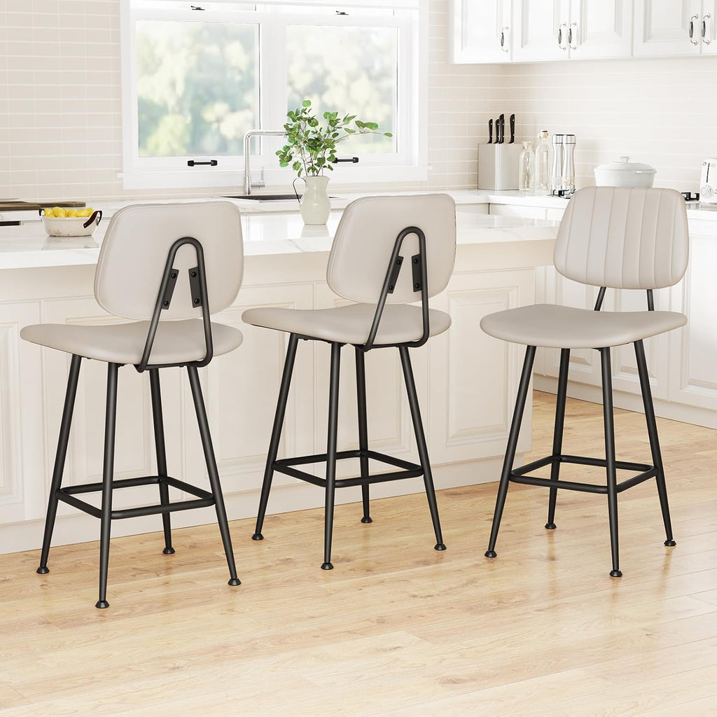 Raynesys 24-Inch Leather Bar Stools Set of 3, Counter Height Barstools with High Backrest .Bar Chairs for Kitchen Island with Heavy Duty Metal Base, Beige