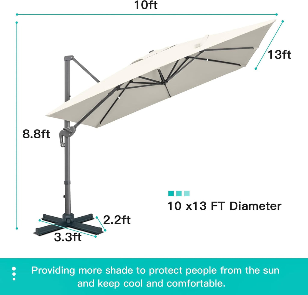 Sunnyglade 10x13Ft Cantilever Patio Umbrella Rectangular Deluxe Offset 360°Rotation & Integrated Tilting System Hanging Umbrella for Market Garden Deck Pool Backyard Patio (Beige, 10 x 13 ft)