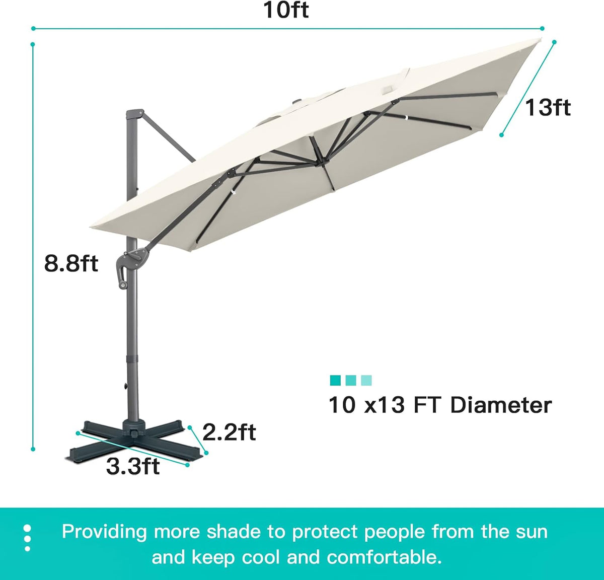 Sunnyglade 10x13Ft Cantilever Patio Umbrella Rectangular Deluxe Offset 360°Rotation & Integrated Tilting System Hanging Umbrella for Market Garden Deck Pool Backyard Patio (Beige, 10 x 13 ft)