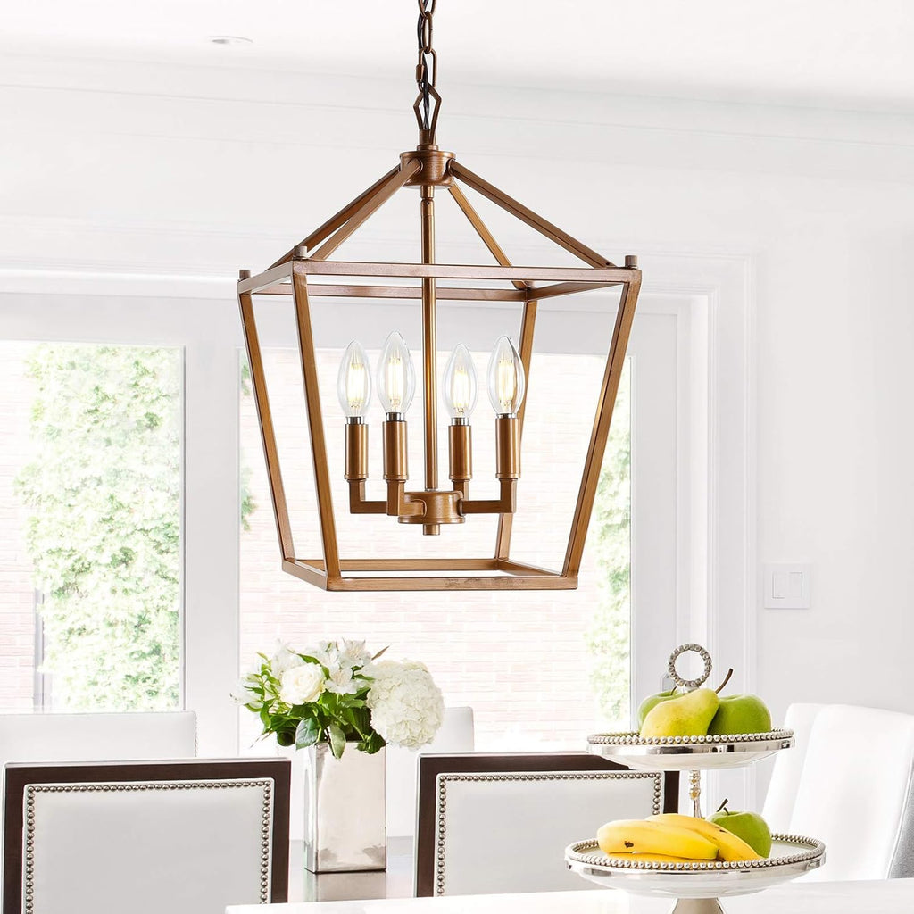 JONATHAN Y 12" Antique Gold Lantern Pendant Light, 4-Light Pagoda Style Metal Cage Farmhouse Hanging Ceiling Fixture for Kitchen Island, LED Bulb Included (JYL7436B)