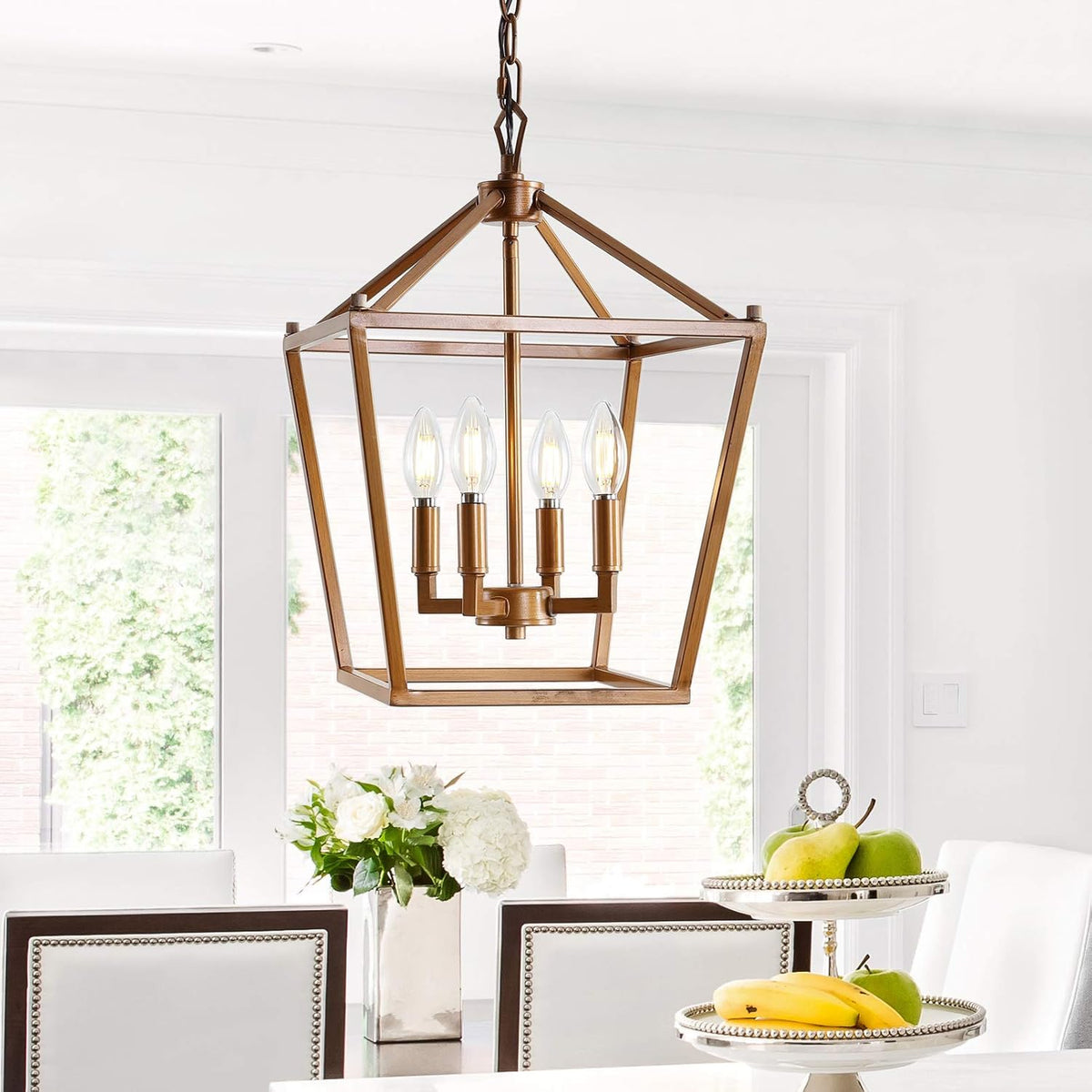 JONATHAN Y 12" Antique Gold Lantern Pendant Light, 4-Light Pagoda Style Metal Cage Farmhouse Hanging Ceiling Fixture for Kitchen Island, LED Bulb Included (JYL7436B)