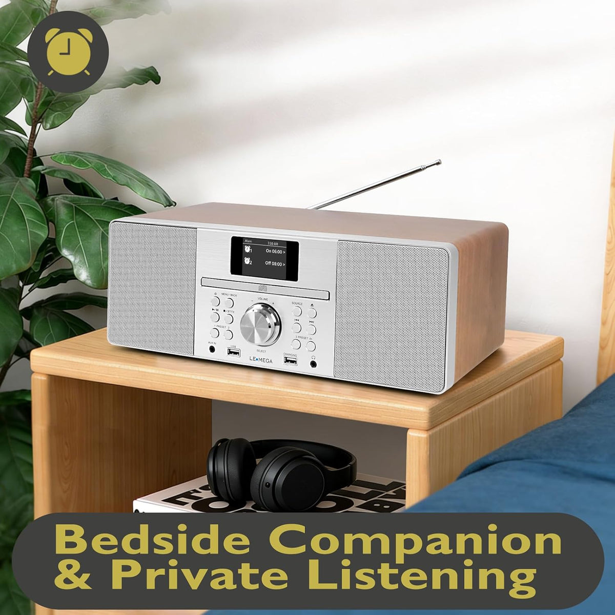 LEMEGA MSY1+ CD Player with FM Radio, Bluetooth Streaming, 80W Stereo HiFi System, Full Colour Display, 30 Presets, Remote Control, Acoustic Wooden Cabinet - Dark Walnut