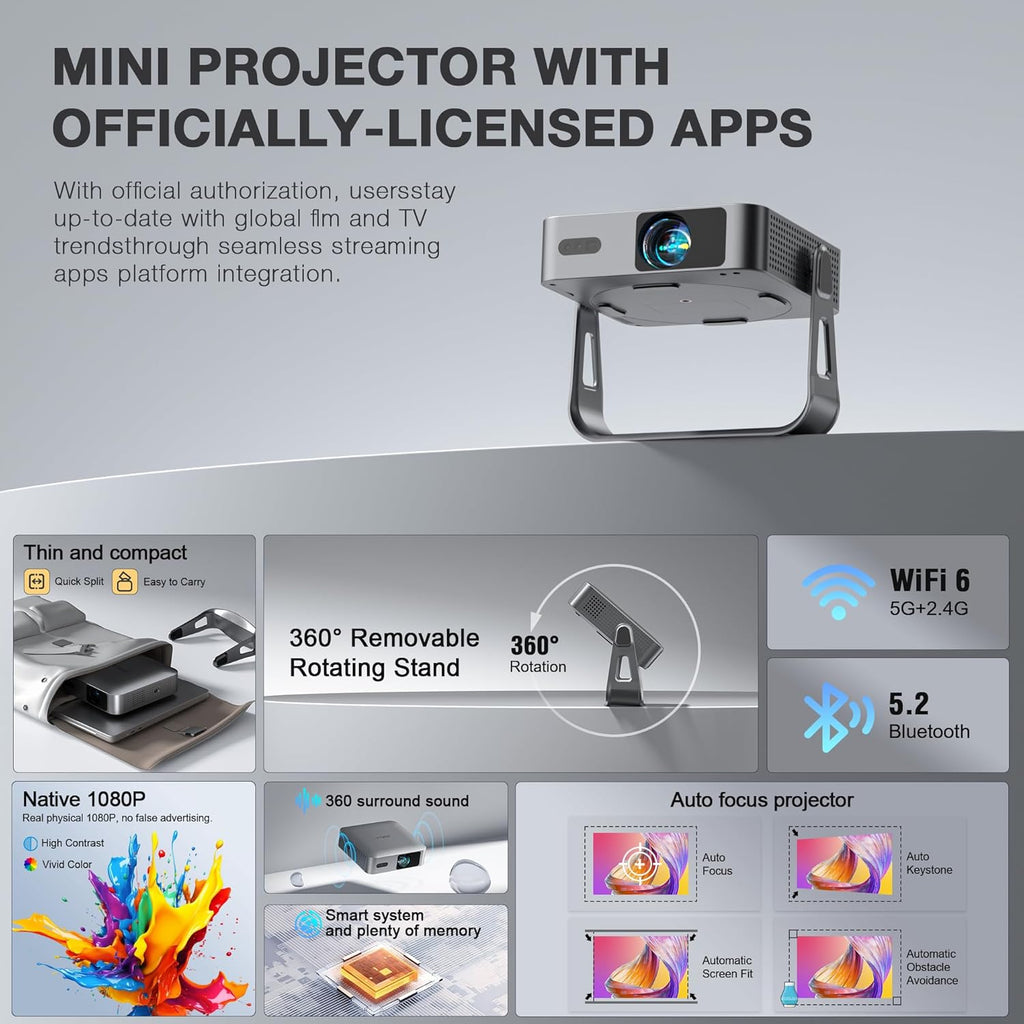 【Officially-Licensed APP & 1800ANSI】 Smart Mini Projector with WiFi and Bluetooth, VISSPL Native 1080P Auto Focus & Keystone Portable Outdoor Projector, 4K Support Home Movie Projector Sliver