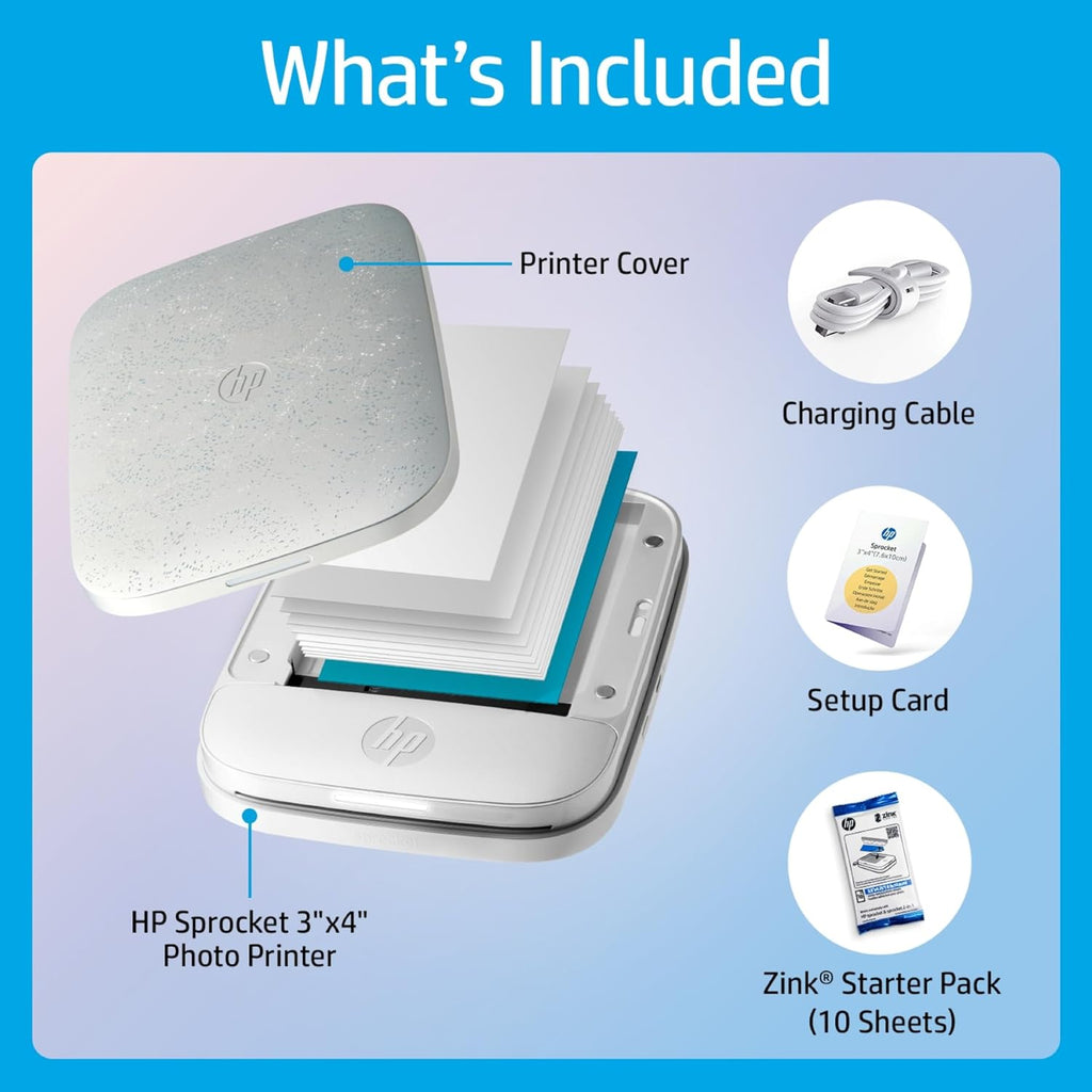 HP Sprocket 3x4 Instant Smartphone Photo Printer - Portable Color Wireless Mobile Printer - Zink Sticky-Back Photos - Print from Compatible iOS & Android Devices with Bluetooth w/the Creative App