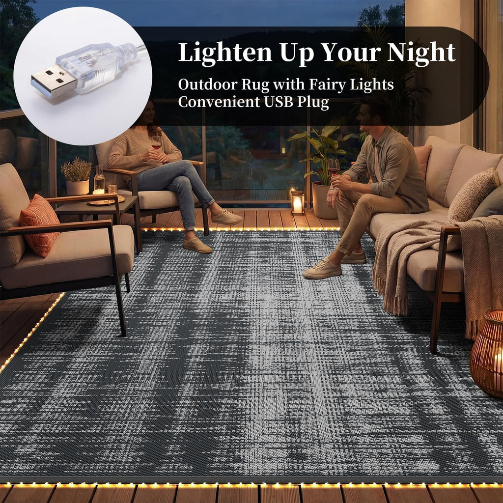 MontVoo Outdoor Rug Waterproof 9x12 ft with Strip Lights Outdoor Patio Rug Mat Reversible Plastic Straw Rug Outside Outdoor Rug for RV Camping Picnic Balcony Backyard