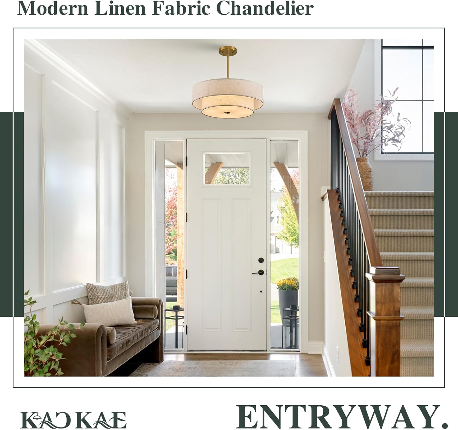 Gold Modern Chandelier 18'' Drum Chandeliers with 2-Layer Fabric Shade 4-Light Linen Pendant Light Fixture for Dining Room Bedroom Kitchen Hallway Foyer