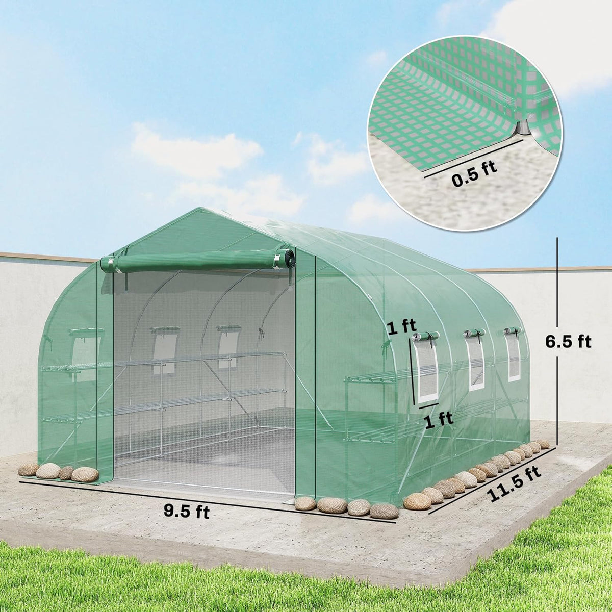 Outsunny 10' x 11' x 6' Walk-in Tunnel Greenhouse with Shelves, Plant Hot House with PE Cover, Mesh Door and Windows, Outdoor Green House for Patio Lawn Garden, Green