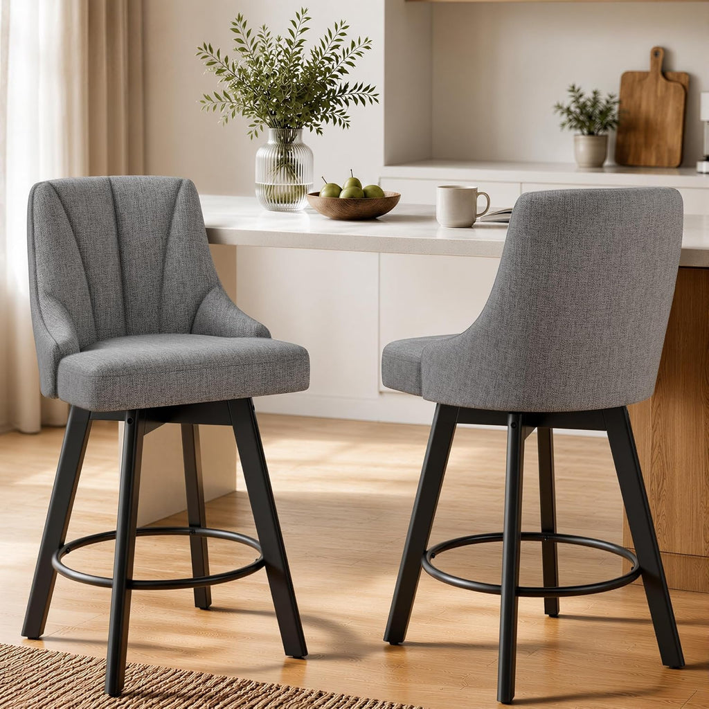 YaFiti Swivel Bar Stools with Backs, 24" Counter Height Bar Stools Set of 2, Fabric Upholstered Counter Barstools with Solid Wood Legs for Kitchen Island, Home Bar, Dark Gray