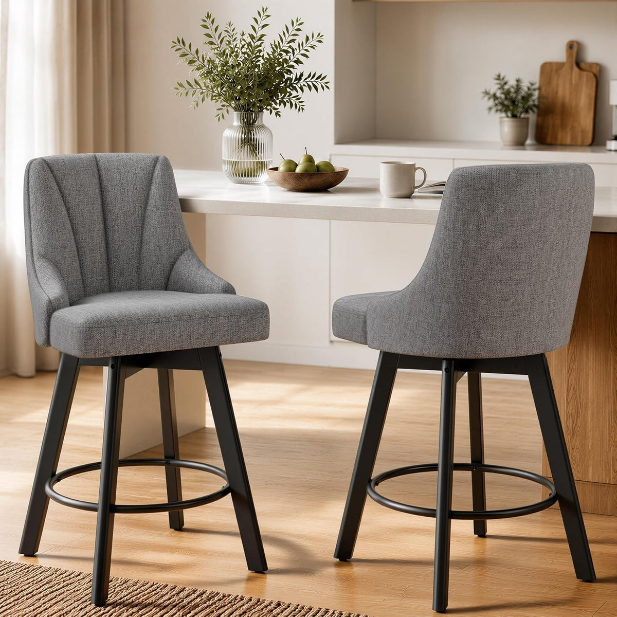 YaFiti Swivel Bar Stools with Backs, 24" Counter Height Bar Stools Set of 2, Fabric Upholstered Counter Barstools with Solid Wood Legs for Kitchen Island, Home Bar, Dark Gray
