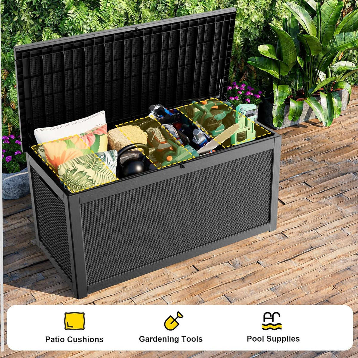 320 Gallon Outdoor Storage Box,Large Waterproof UV Resistant Deck Box,Lockable Storage Container for Patio Furniture Cushions Garden Tools and Pool Accessories(Black)