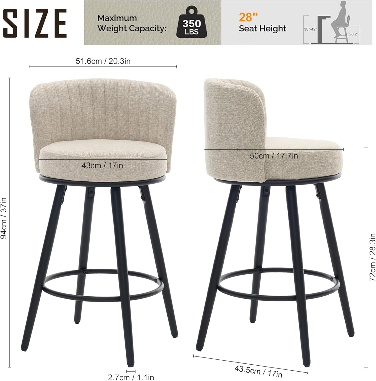 Swivel Bar Stools Set of 2, 28" Seat Height, Modern Design, Upholstered Barstools with Back and Footrest, Metal Legs, Suitable for Kitchen Island, Counter, Dining Room