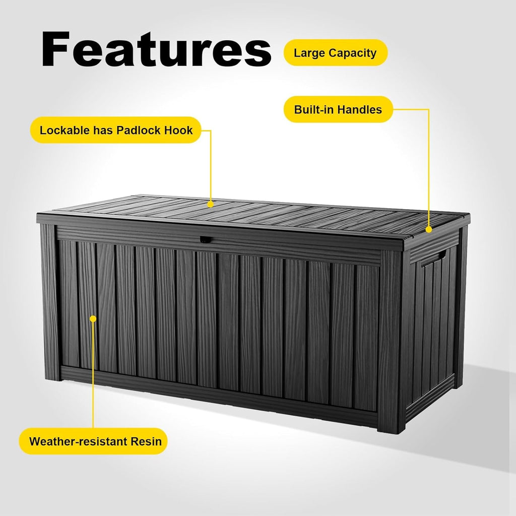150 Gallon Large Outdoor Storage Box Waterproof, UV Resistant Resin Deck Box with Hydraulic Rod & Lockable Latch for Patio Furniture, Outside Storage Box for Garden Tools, Patio Cushions, Black
