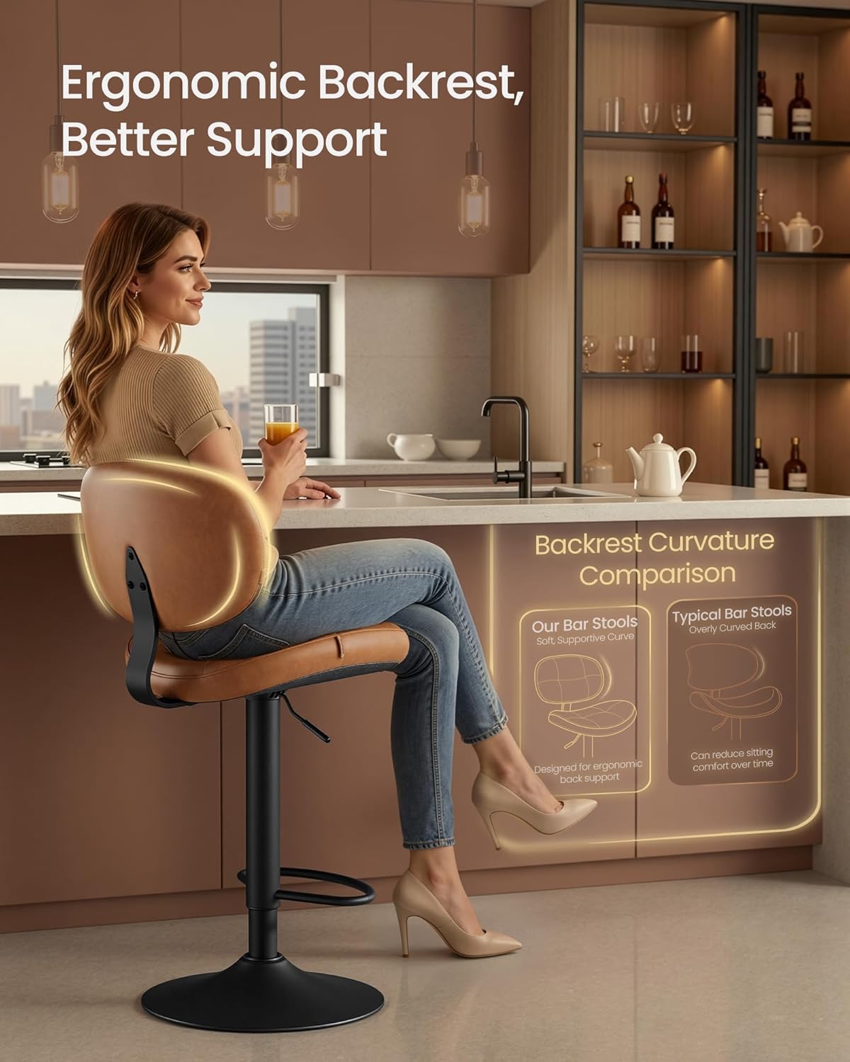 VASAGLE Bar Stools Set of 2, Height Adjustable Kitchen Barstools, Swivel Bar Chairs with Back and Footrest, Quilt PU Leather Surface, Dining Room, Counter, Steel, Caramel Brown ULJB150K101S