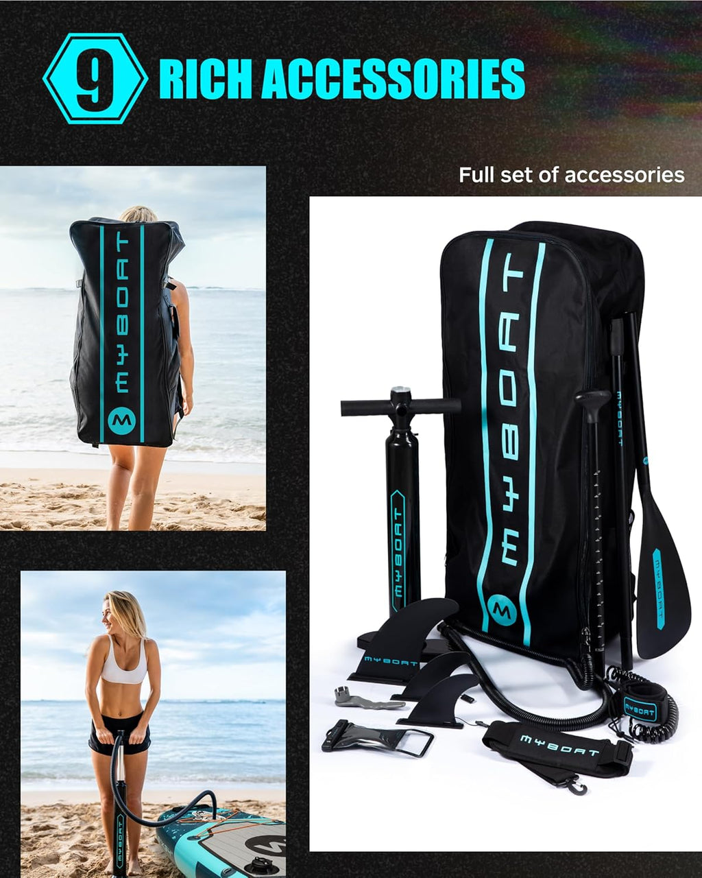 MYBOAT 11'6"×34"×6" Extra Wide Inflatable Paddle Board, Stand Up Paddle Board for Fishing, Sup Board with 3 Removable Fins, Dual Bungees, Camera Mount, Hand Pump, Strong Paddle,Leash