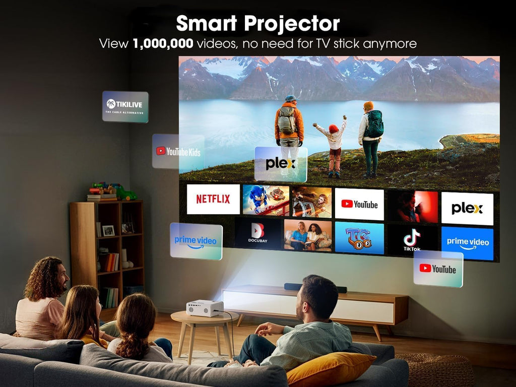 Built-in Apps Smart Projector with WiFi and Bluetooth, VIZONY Native 1080P Projector with Streaming APPs, Dolby Audio, Portable Mini Projector for Indoor Outdoor Use