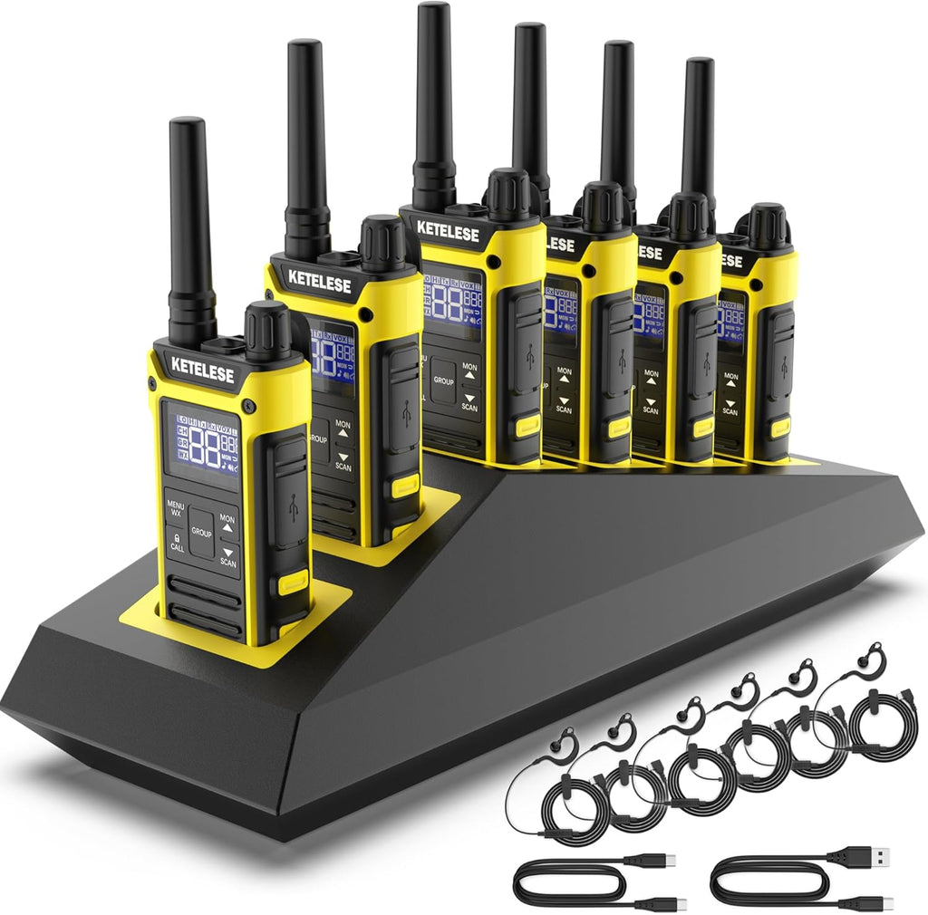 KETELESE T3F IP67 Waterproof Walkie Talkies, Rugged Two Way Radio with Earpiece, Triple Proof, Three Charging Options, FRS 2 Way Radio 22 Channels, NOAA, VOX (6 Pack), Black/Yellow