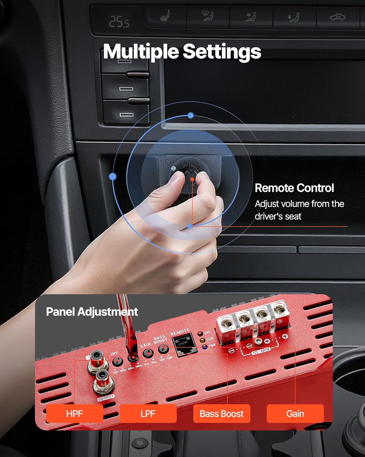 VEVOR Monoblock Car Amplifier, 3000W RMS MAX, 1/2/4 Ohm Stable, 1-Channel Class D Car Audio Amplifier with Remote Subwoofer Level Control, Low Pass Filter and Bass Boost, Volume Controller Included
