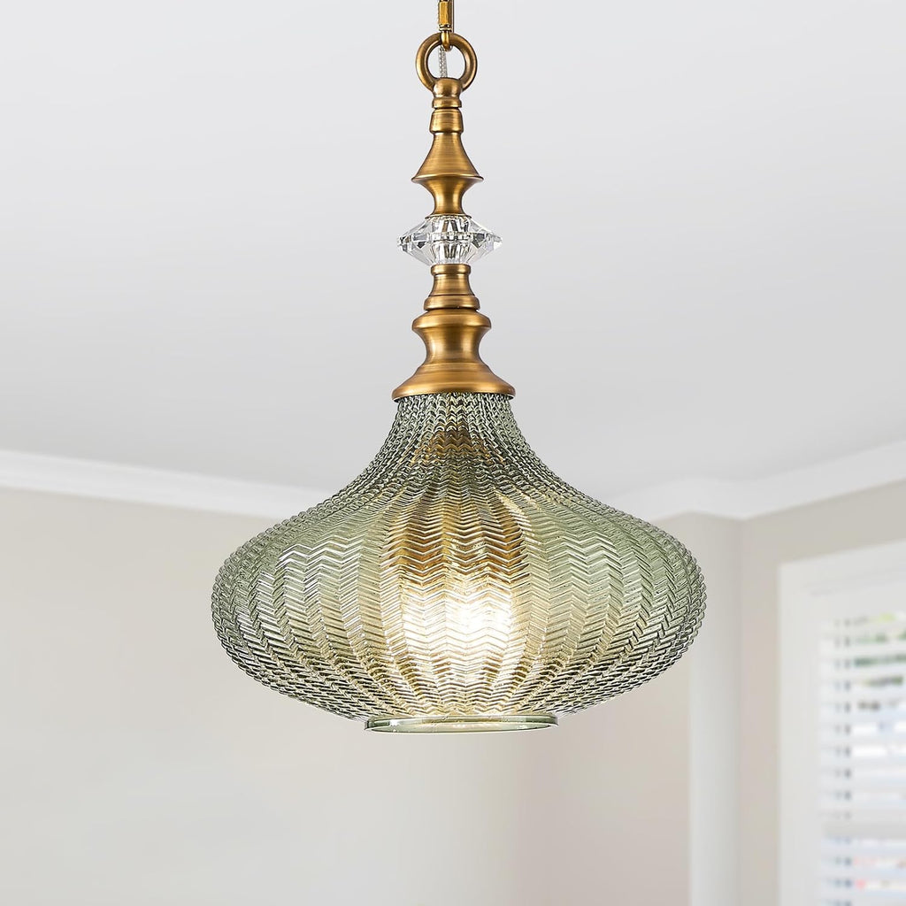 3-Light Chandelier,Vintage Gold Farmhouse Pendant Light Fixture for Kitchen,Adjustable Hanging Lighting with Green Glass Shade for Hallway Bedroom Entryway Dining Room Island