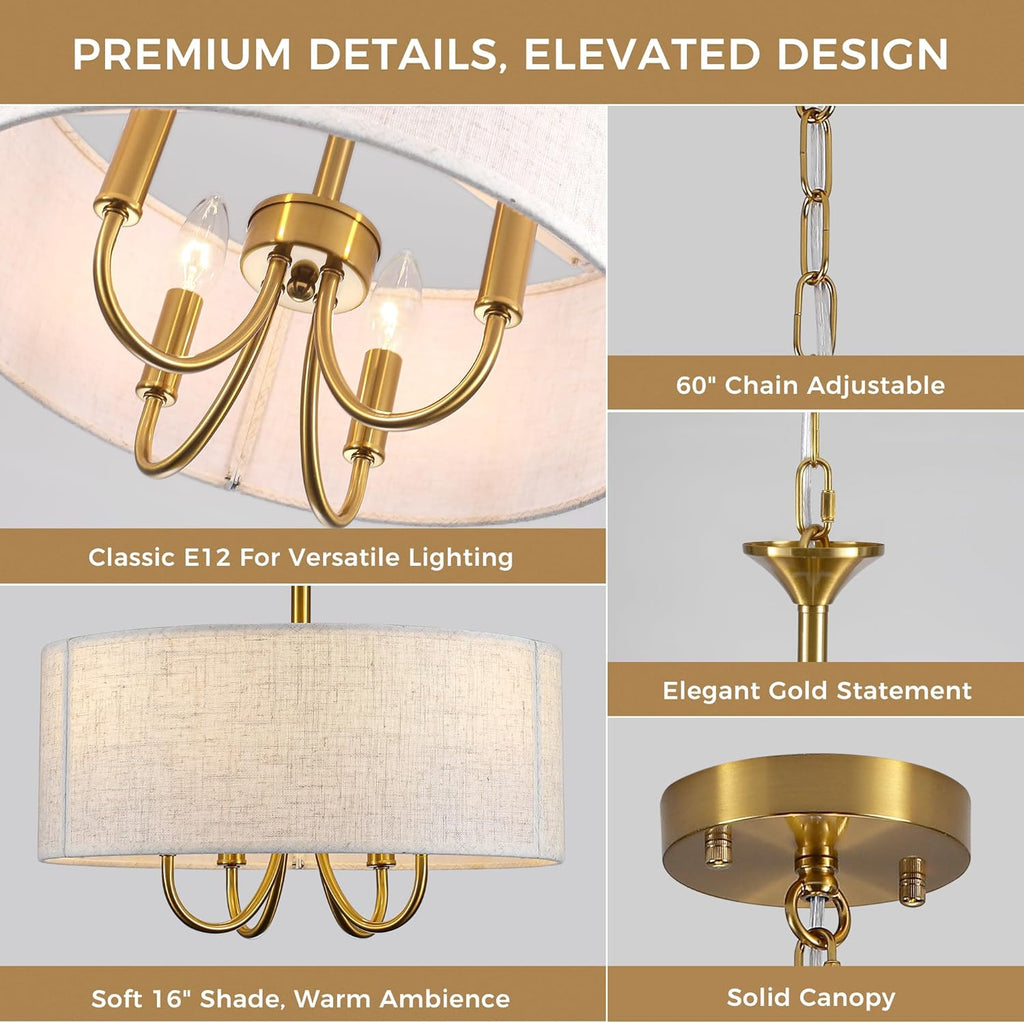 Drum Chandelier for Dining Room, 4-Light Modern Farmhouse Gold Chandelier with Linen Drum Shade, 16" Hanging Pendant Ceiling Light Fixture for Kitchen Island Bedroom Living Room