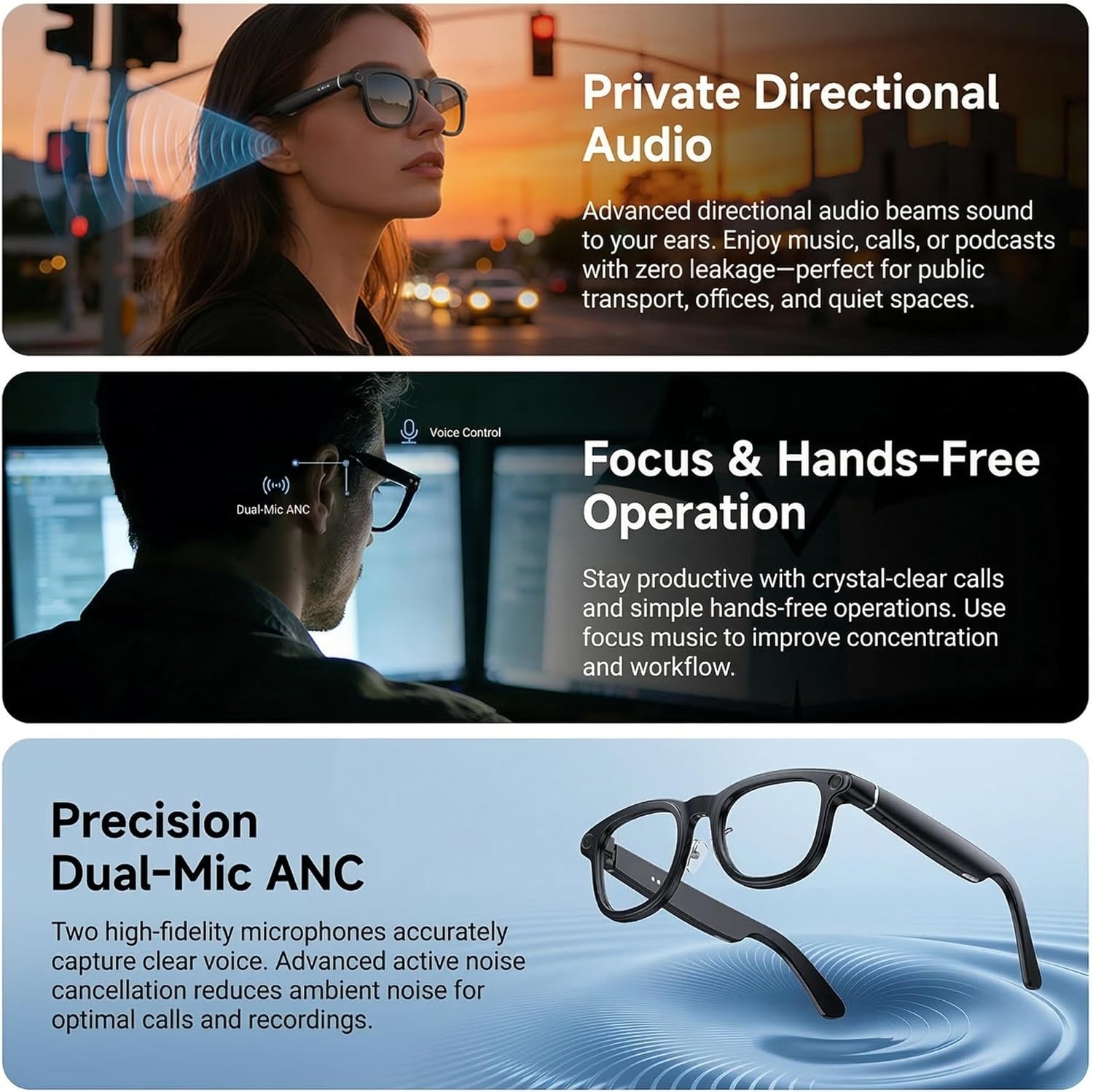 Enhanced Smart Glasses with 3600mAh Charging Case | 30MP Photo & 1200P Video Recording | AI-Powered Translation Glasses for Outdoor Sports, Travel, and Business (matt Black)