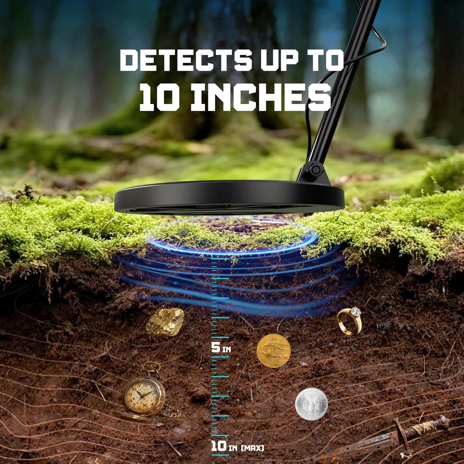 Metal Detector for Adults & Kids Professional Cordless Gold Detector 5 Modes, Advanced DSP Chip, Adjustable Length, Backlight LCD Display, 10" Waterproof Search Coil - Blue