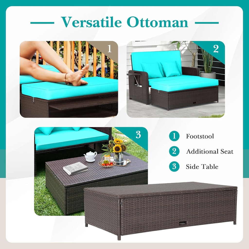 Nightcore Wicker Patio Outdoor Daybed, Outdoor Chaise Lounger w/ 4-Level Adjustable Backrest, Retractable Side Trays, Storage Ottoman, Comfortable & Removable Cushions, Rattan Loveseat (Turquoise)
