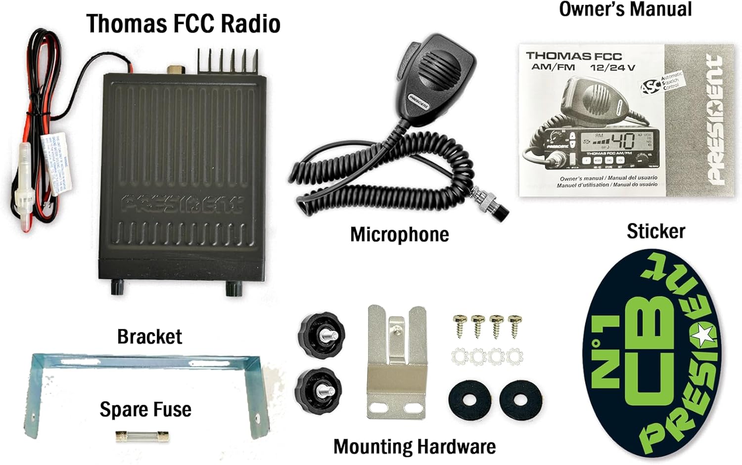 President Radio Heavy Duty (HD) Kit with Thomas FCC 40-Channel,12/24 Volt AM/FM CB Radio and Virginia F Magnet-Mount Antenna