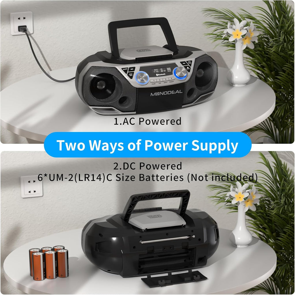 MONODEAL CD Player & Cassette Tape Player with Bluetooth, Powerful Stereo CD Player Boombox with X-BASS,CD and Cassette Player Combo,FM/USB/AUX & Remote, Tape Recording, Sleep Timer, AC/DC Powered